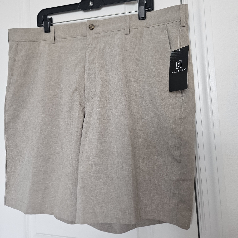 NWT PGA TOURMen's Flat Front 9'' Heather Shorts SIZE 40 Khaki Heather